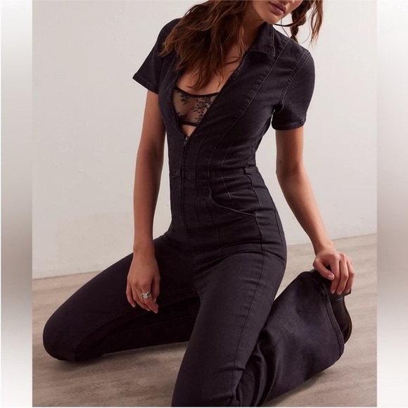 Free People Pants - Free People Jayde Point Collar Short Sleeve Flared Leg Flight Suit Black Mamba